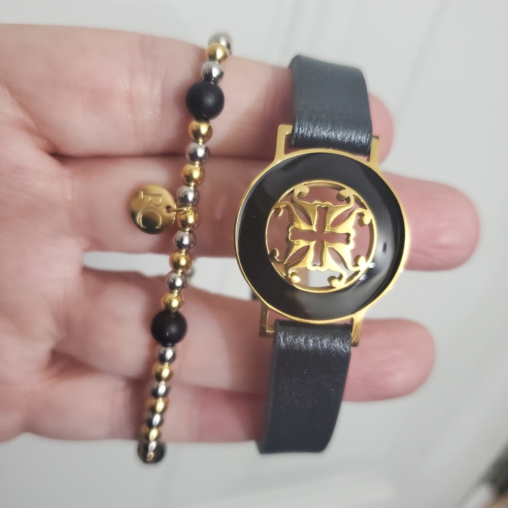 EUC Rustic Cuff bracelet set - leather black & gold matching beaded stretch